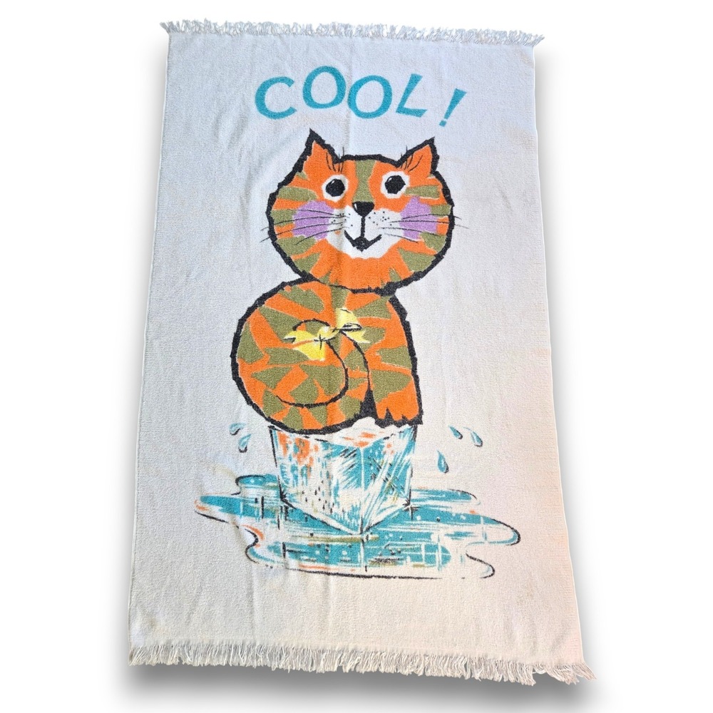Vintage 60s 70s Cannon Cotton Fringed Beach Towel Cool Cat Orange Kitten